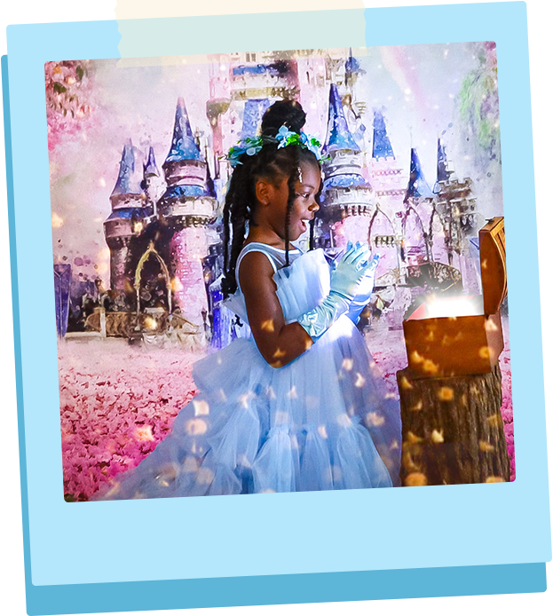 Princess photoshoot with magical glowing box – Bedazzled Lil Beauties Little girl dressed as a princess peeking into a magical glowing box during a whimsical photoshoot